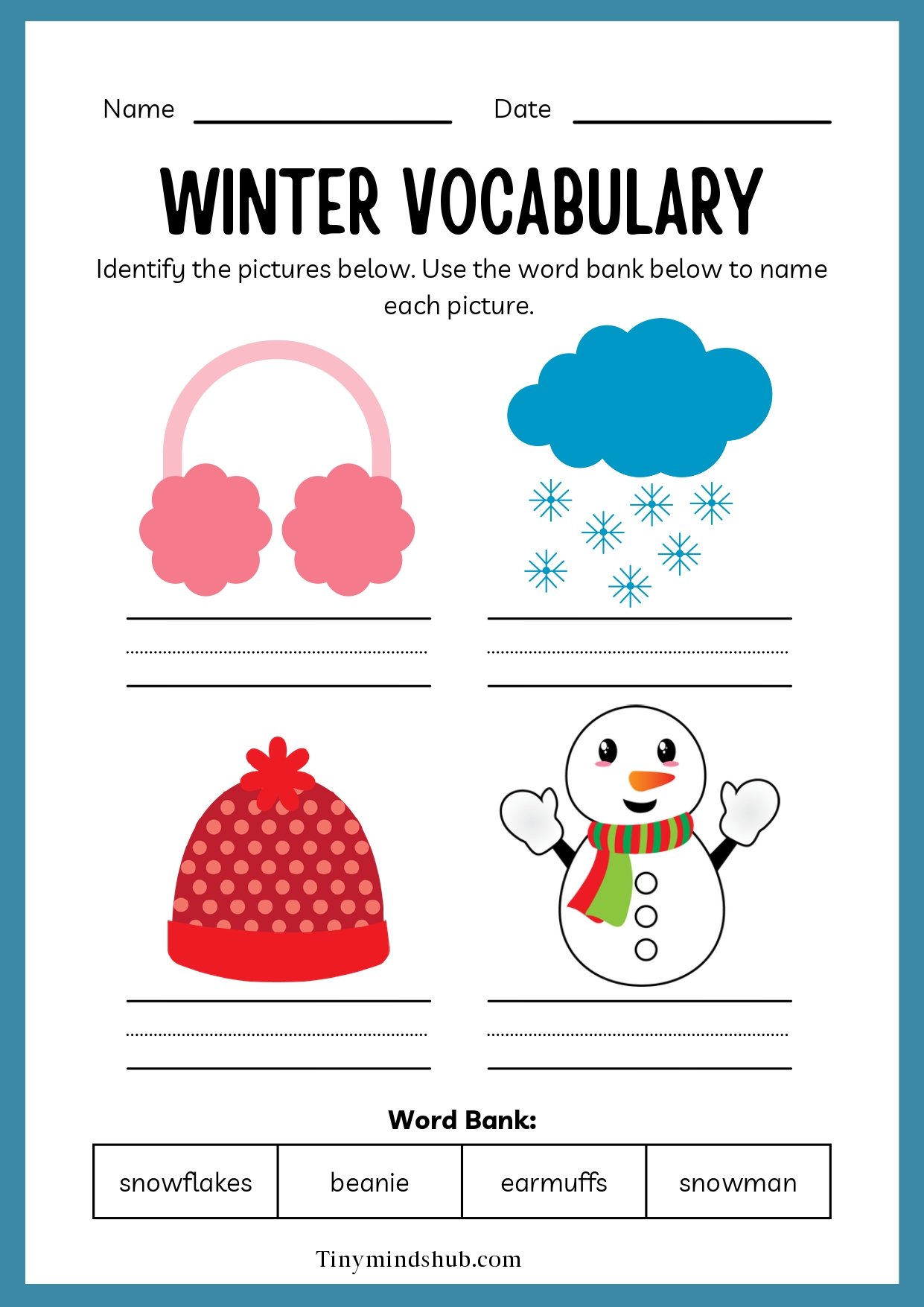 Winter vocabulary worksheet with earmuffs, snowflake, hat and snowman pictures and a word bank