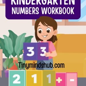 Kindergarten Numbers Workbook cover with a girl holding number cards and number blocks