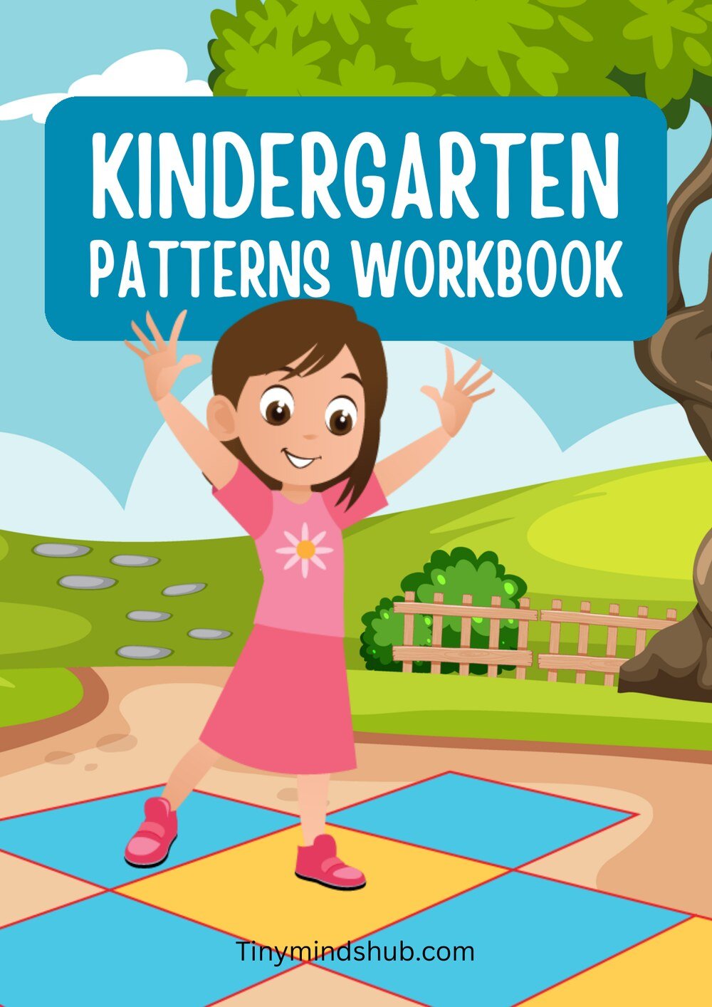 Kindergarten Patterns Workbook cover with a girl playing hopscotch on coloured squares