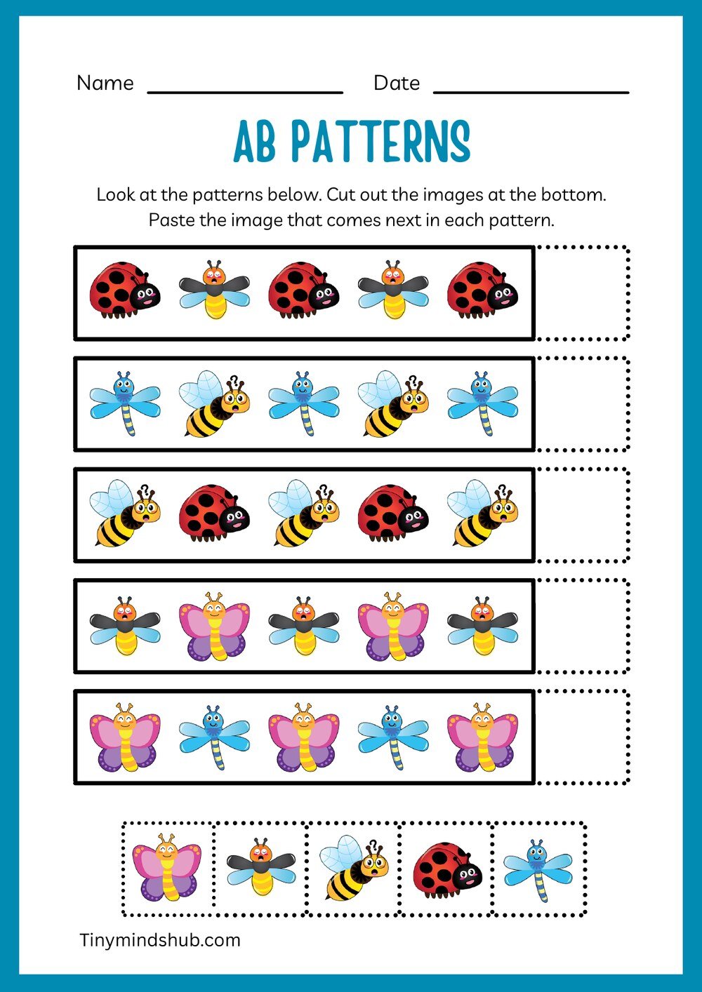 AB patterns cut and paste worksheet with ladybird, bee, dragonfly and butterfly pictures