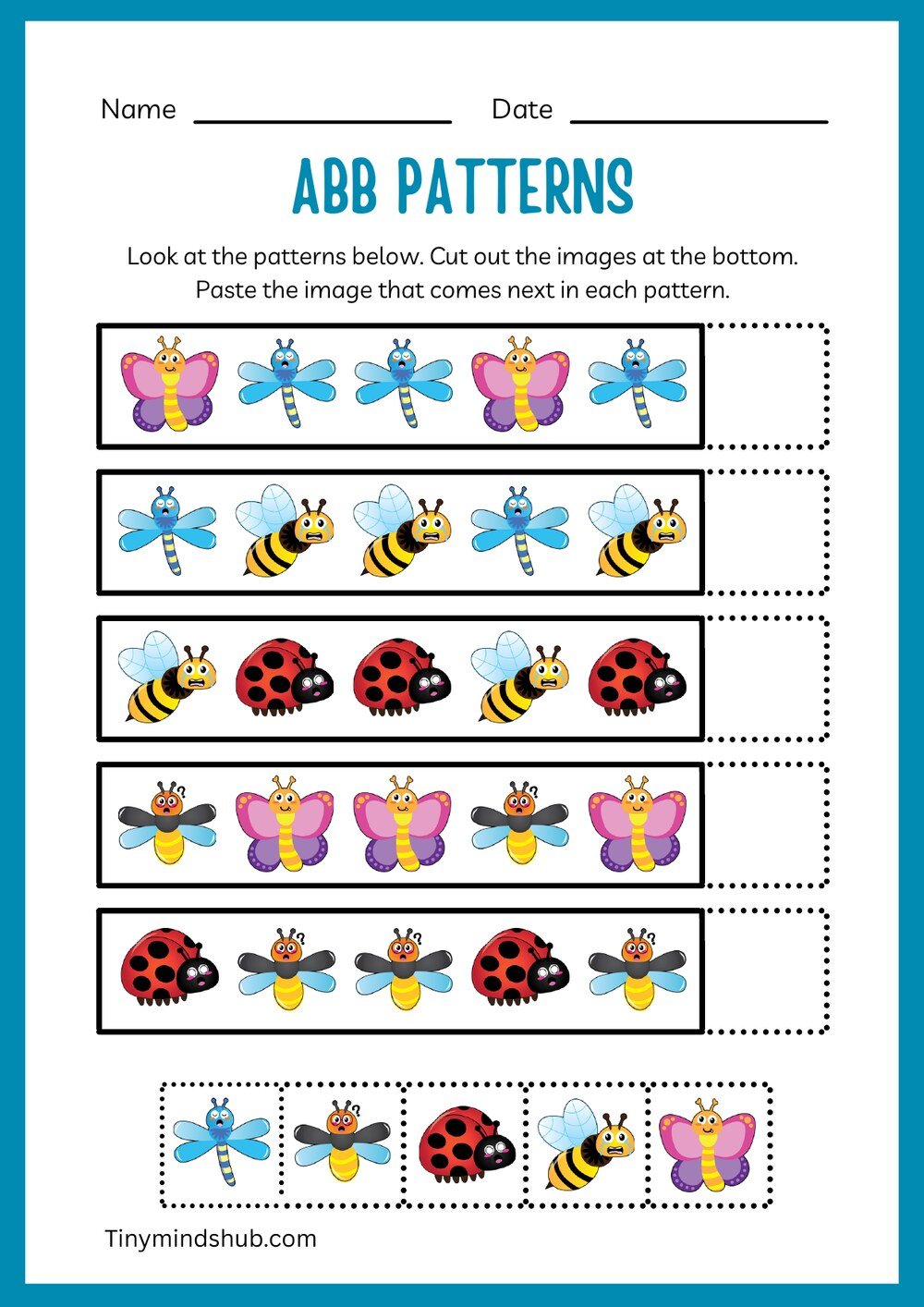 ABB patterns cut and paste worksheet with butterfly, dragonfly, bee and ladybird pictures
