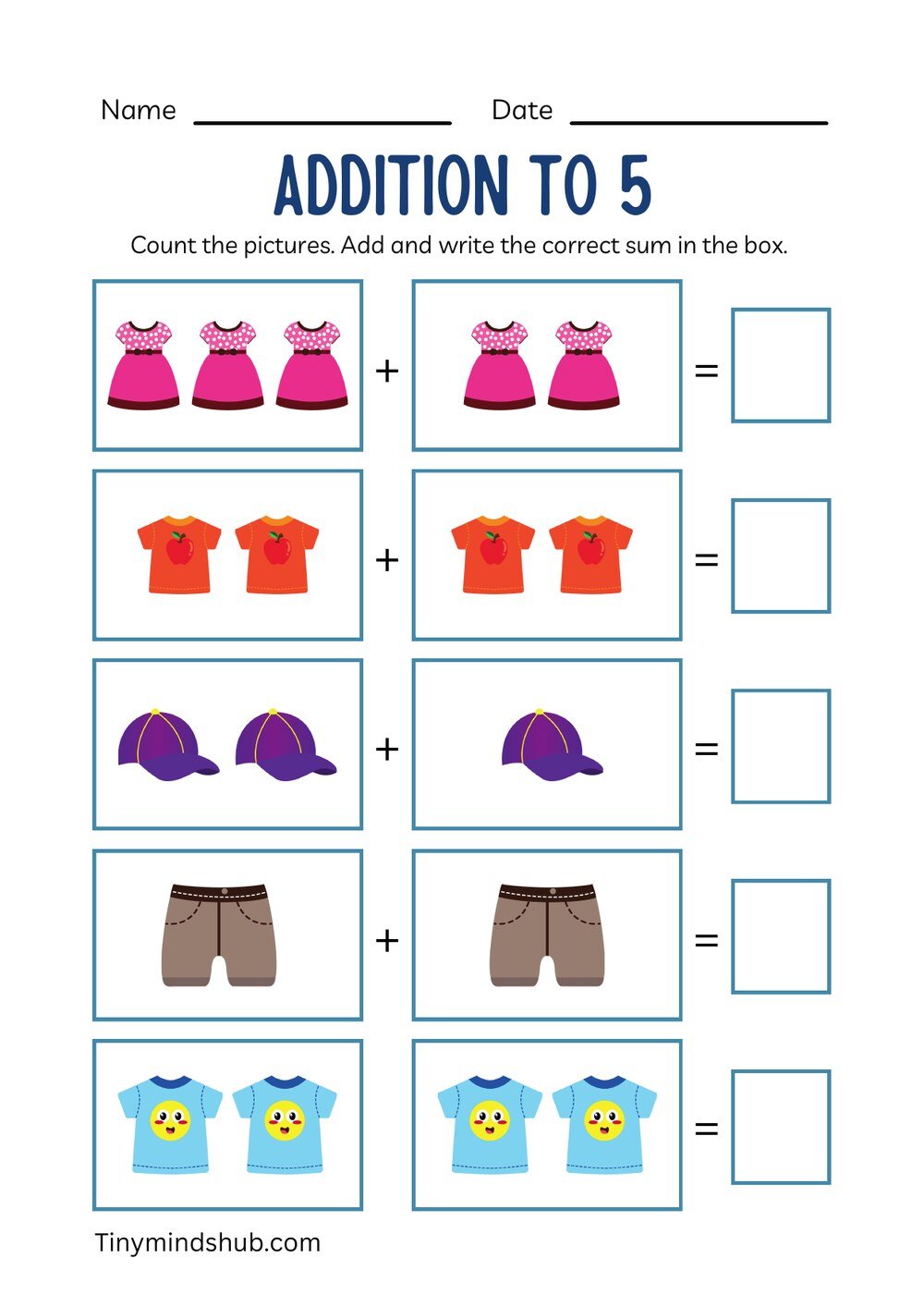 Addition to 5 worksheet: count the clothing pictures and write the sum in the box