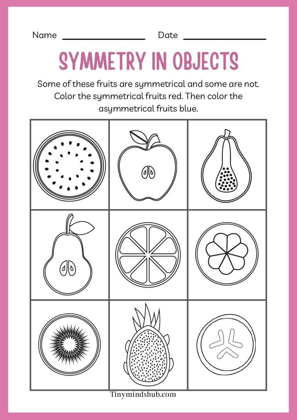 Symmetry in objects worksheet: colour the fruits that are symmetrical