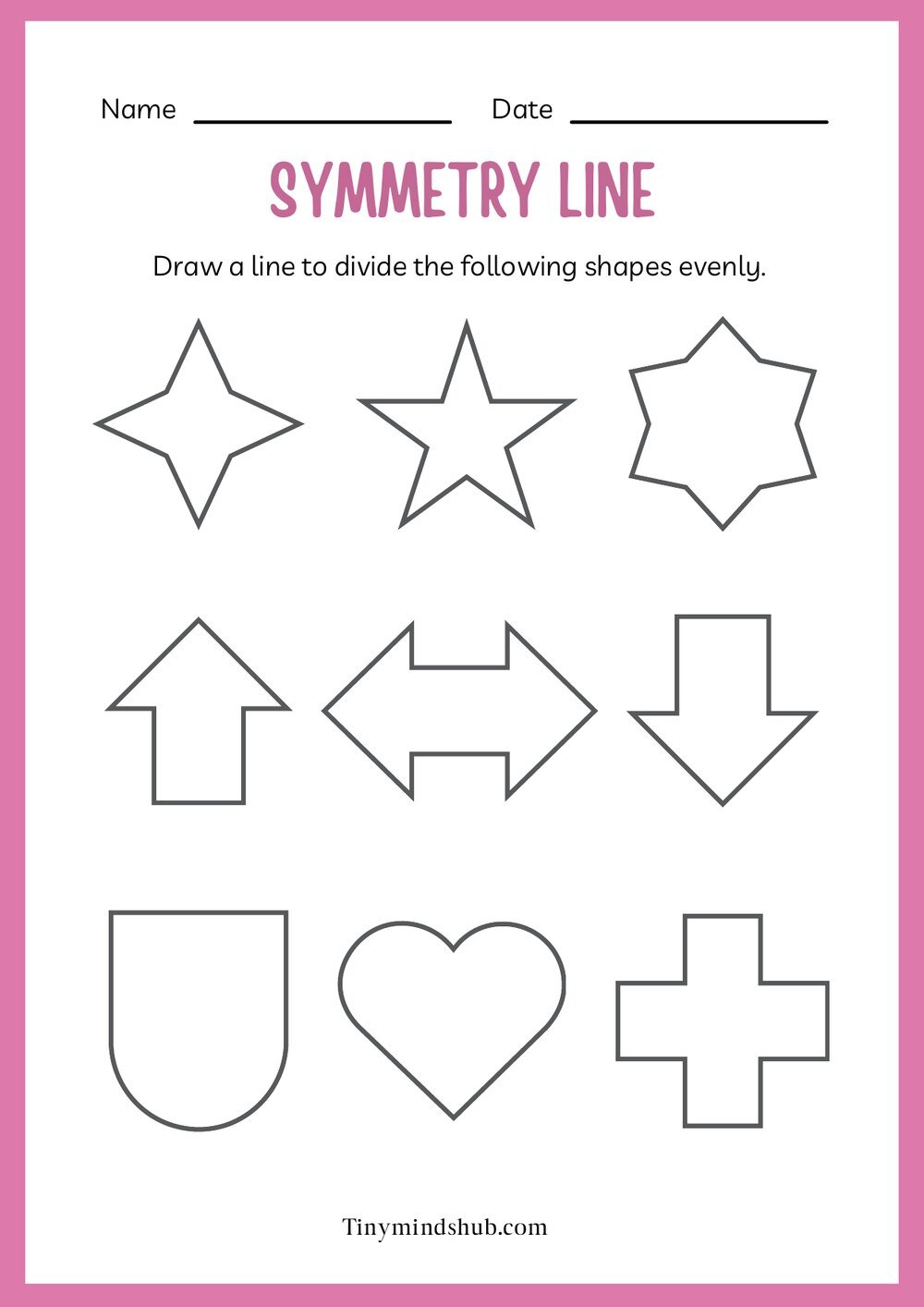 Symmetry line worksheet: draw a line to divide each shape into two equal halves